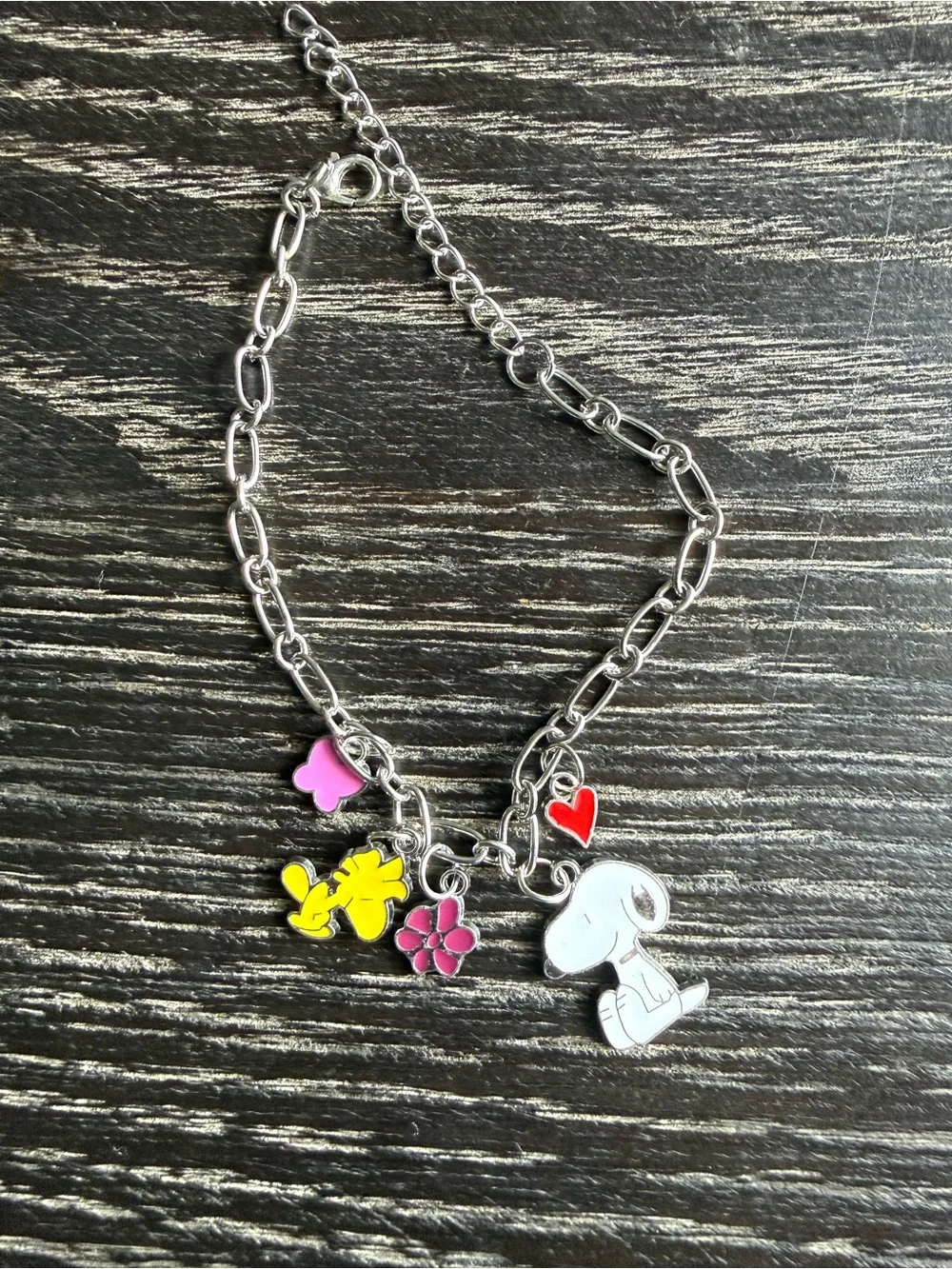 Snoopy Silver Charm Necklace with Pink & Red Accents